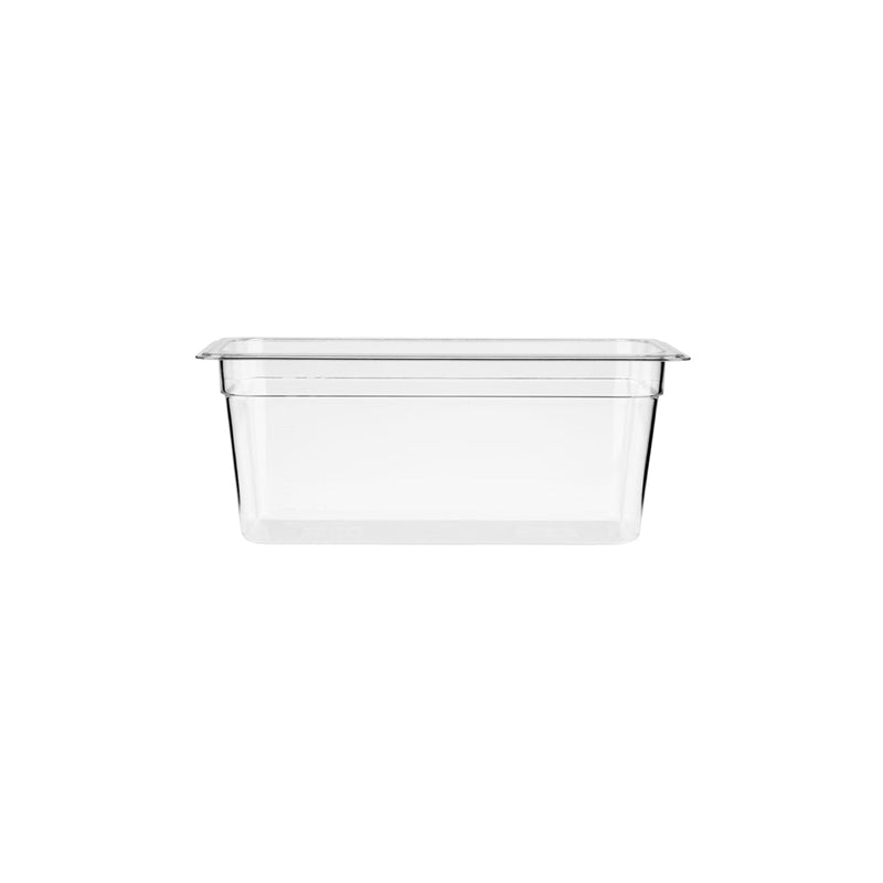 Clear JIWINS gastronorm polycarbonate pan, 1/3 size, 150mm deep, 5.3L capacity, ideal for food storage and presentation.