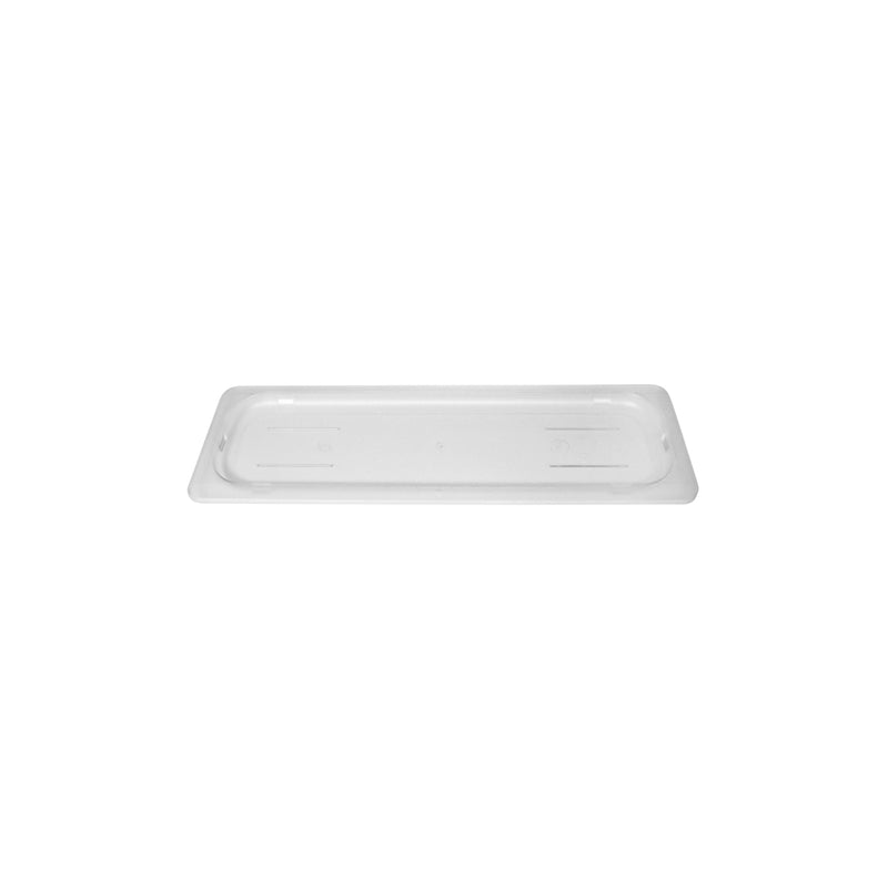 Clear JIWINS flat lid made of polycarbonate, 1/3 size 325x176mm, designed for use in hospitality and food storage containers.