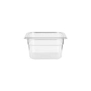 Clear JIWINS gastronorm pan made of polycarbonate, 1/4 size, 100mm deep, 2.5L capacity, suitable for commercial kitchen use.