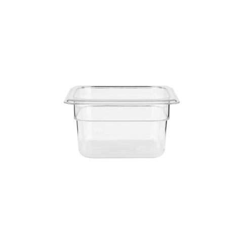 Clear JIWINS gastronorm pan made of polycarbonate, 1/4 size, 100mm deep, 2.5L capacity, suitable for commercial kitchen use.