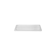 Clear JIWINS flat polycarbonate lid for 1/4 size containers, measuring 265x162mm, designed for hospitality use.