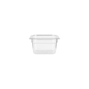 Clear polycarbonate gastronorm pan by JIWINS, 1/6 size, 100mm deep, 1.5L capacity, suitable for food storage and preparation.