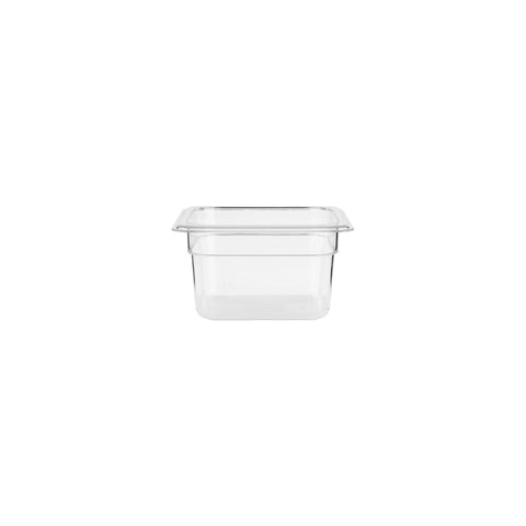 Clear polycarbonate gastronorm pan by JIWINS, 1/6 size, 100mm deep, 1.5L capacity, suitable for food storage and preparation.