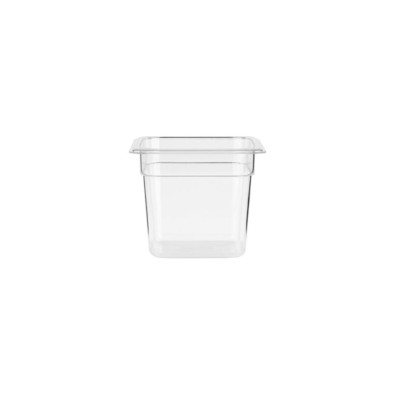 Clear polycarbonate gastronorm pan by JIWINS, 1/6 size, 150mm deep, 2.2L capacity, ideal for food storage and prep.