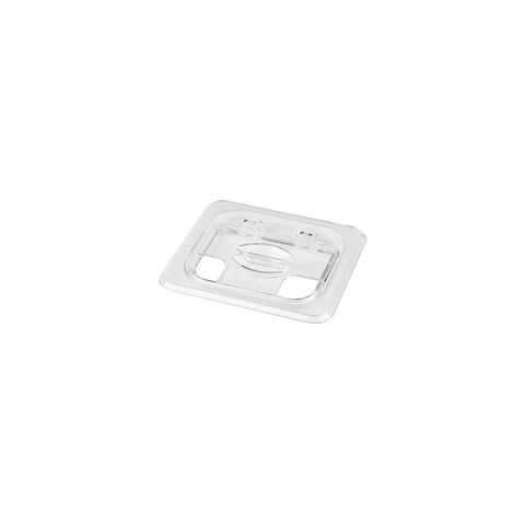Clear JIWINS gastronorm pan lid in polycarbonate with flip top, fits 1/9 size pan, 65mm height, 0.57L capacity, durable and lightweight.