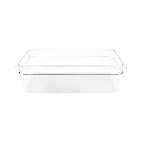 Clear JIWINS gastronorm pan made of polycarbonate, 2/1 size, 150mm deep, 24L capacity, suitable for professional kitchens.