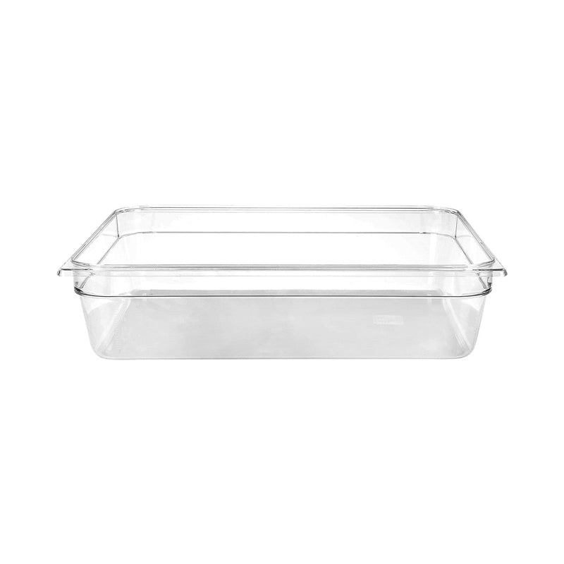 Clear JIWINS gastronorm pan made of polycarbonate, 2/1 size, 200mm deep, 36L capacity, ideal for commercial kitchen use.