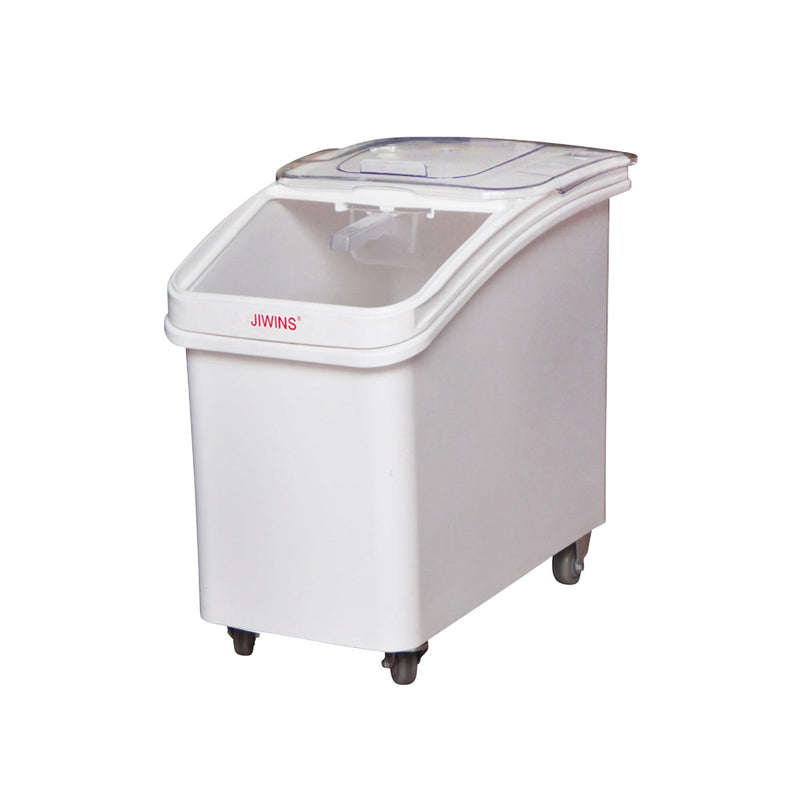 White JIWINS ingredient bin made of PP and PC, 750x457x748mm, 120L capacity with caster wheels for easy mobility.