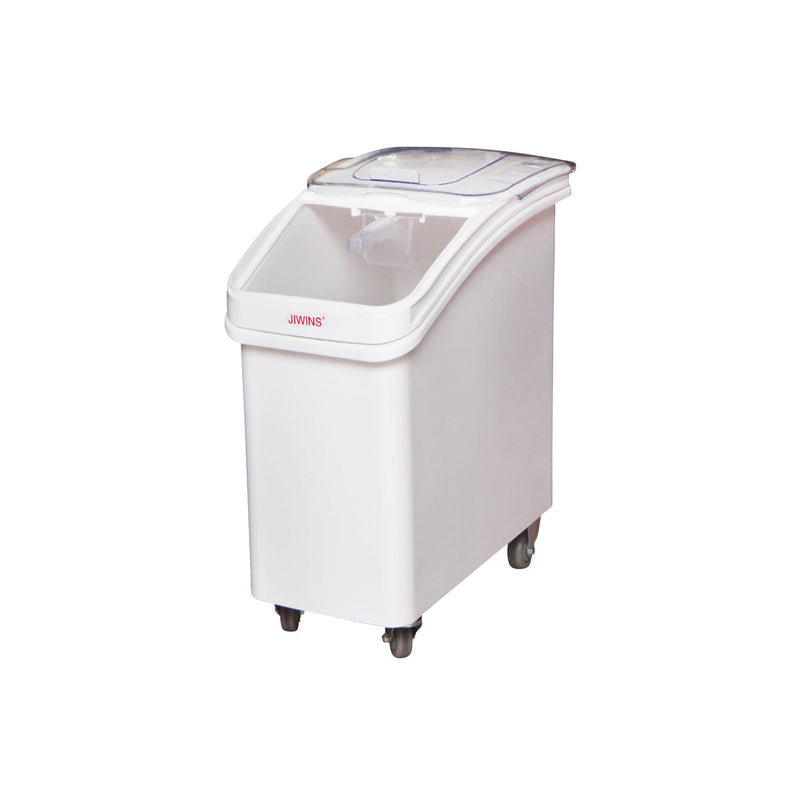 White JIWINS ingredient bin with castor wheels, 81L capacity, made of polypropylene and polycarbonate, measuring 748x328x740mm.