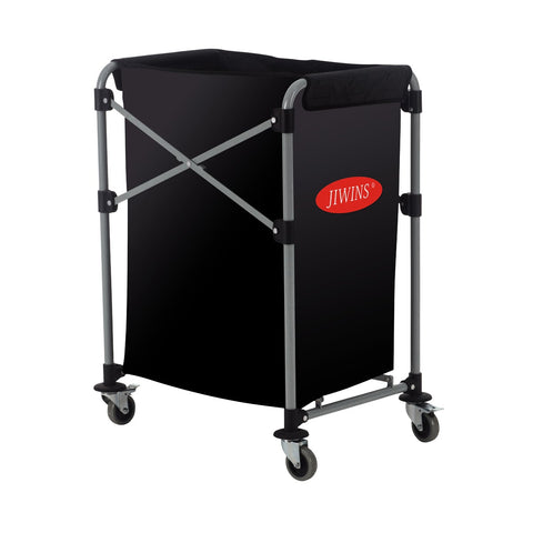 Black JIWINS collapsible laundry cart with 150lt vinyl bag, made by Hospitality Connect, featuring a sturdy frame and compact design.
