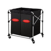 Black collapsible laundry cart with two 150-liter vinyl bags, portable and sturdy, ideal for laundry and storage.