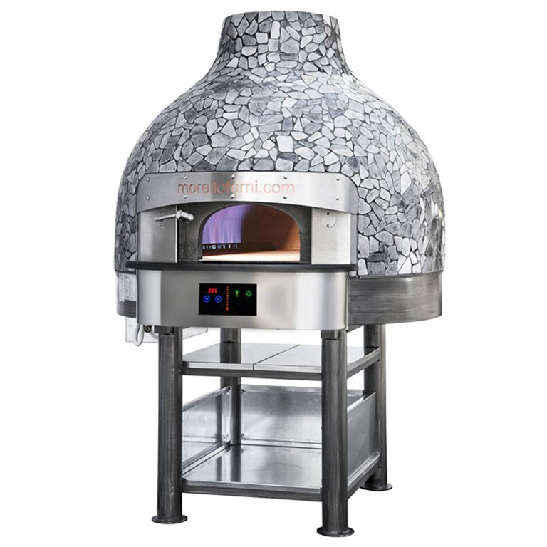 Morello Forni LP100 traditional wood oven with grey volcanic mosaic exterior and large oven opening, designed for outdoor cooking.