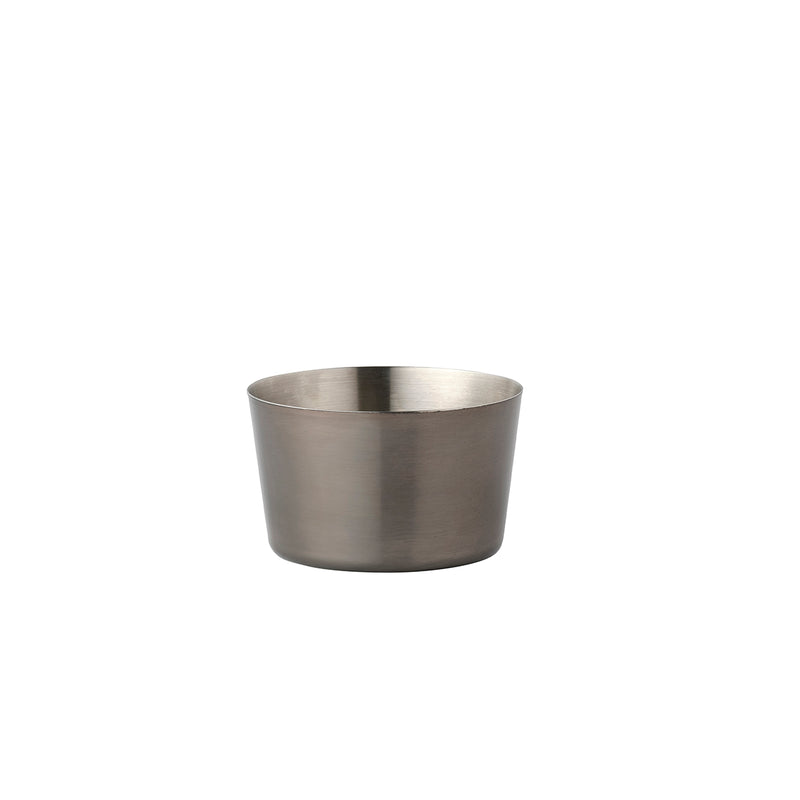 Small satin stainless steel miniature sauce pan with no handle, 100mm diameter, ideal for precise cooking or serving.