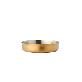 Brushed brass miniature deep pan by Chef Inox, 180mm, with a stainless steel handle, suitable for small cooking tasks.