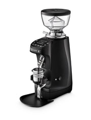 Mazzer Mini G Black coffee grinder with front view, showing compact design and black finish for home brewing use.