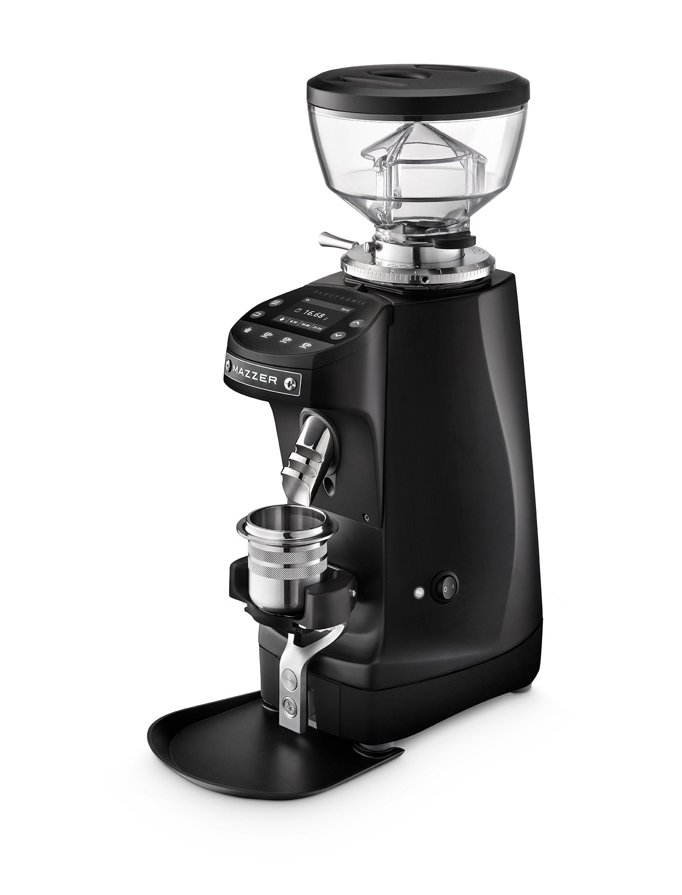 Mazzer Mini G Black coffee grinder with front view, showing compact design and black finish for home brewing use.