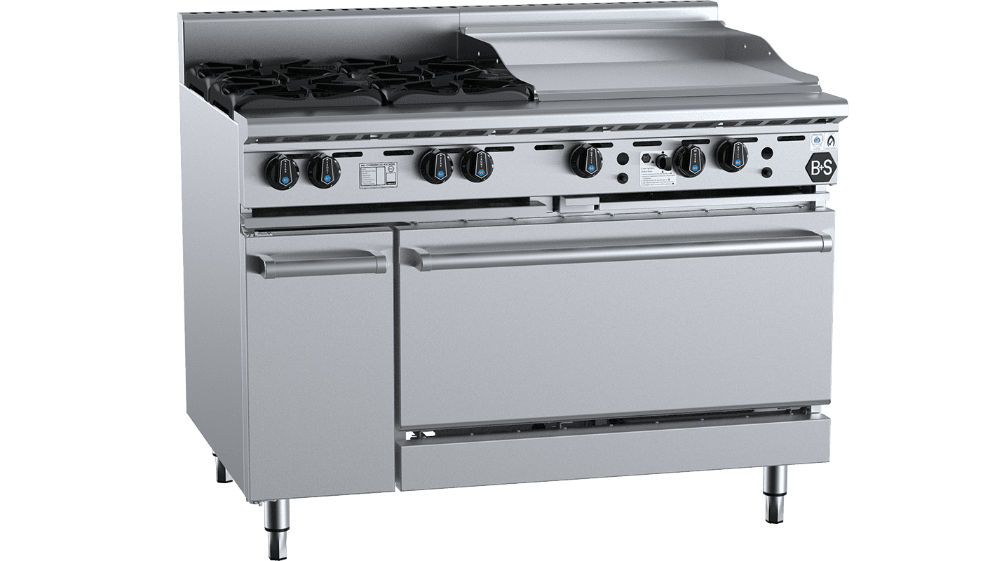 B and S black oven with four open burners and 600mm grill plate, commercial oven and range for professional kitchens
