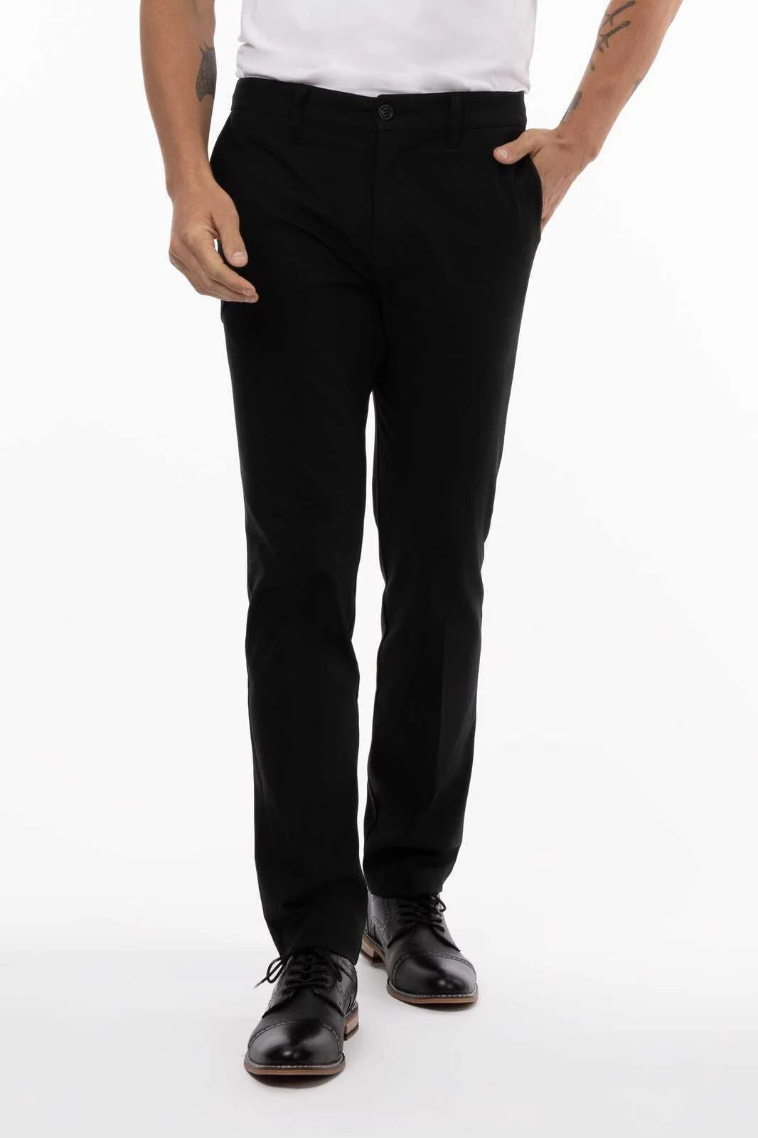 Black Chef Works men's chino pants with poly stretch fabric, shown in size 30, featuring a tailored fit and professional style.