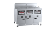 Rapid B+S RF-3E three-pan six-basket commercial electric fryer with filtration system, shown with baskets and control panel.