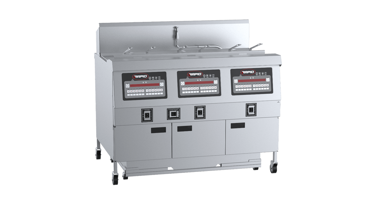 Rapid B+S RF-3E three-pan six-basket commercial electric fryer with filtration system, shown with baskets and control panel.