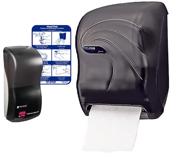 T1440TBK San Jamar Touchless Hands Free Washing Station Combo - Automatic Soap Dispenser & Towel Dispenser including hand washing chart - Hospitality Connect