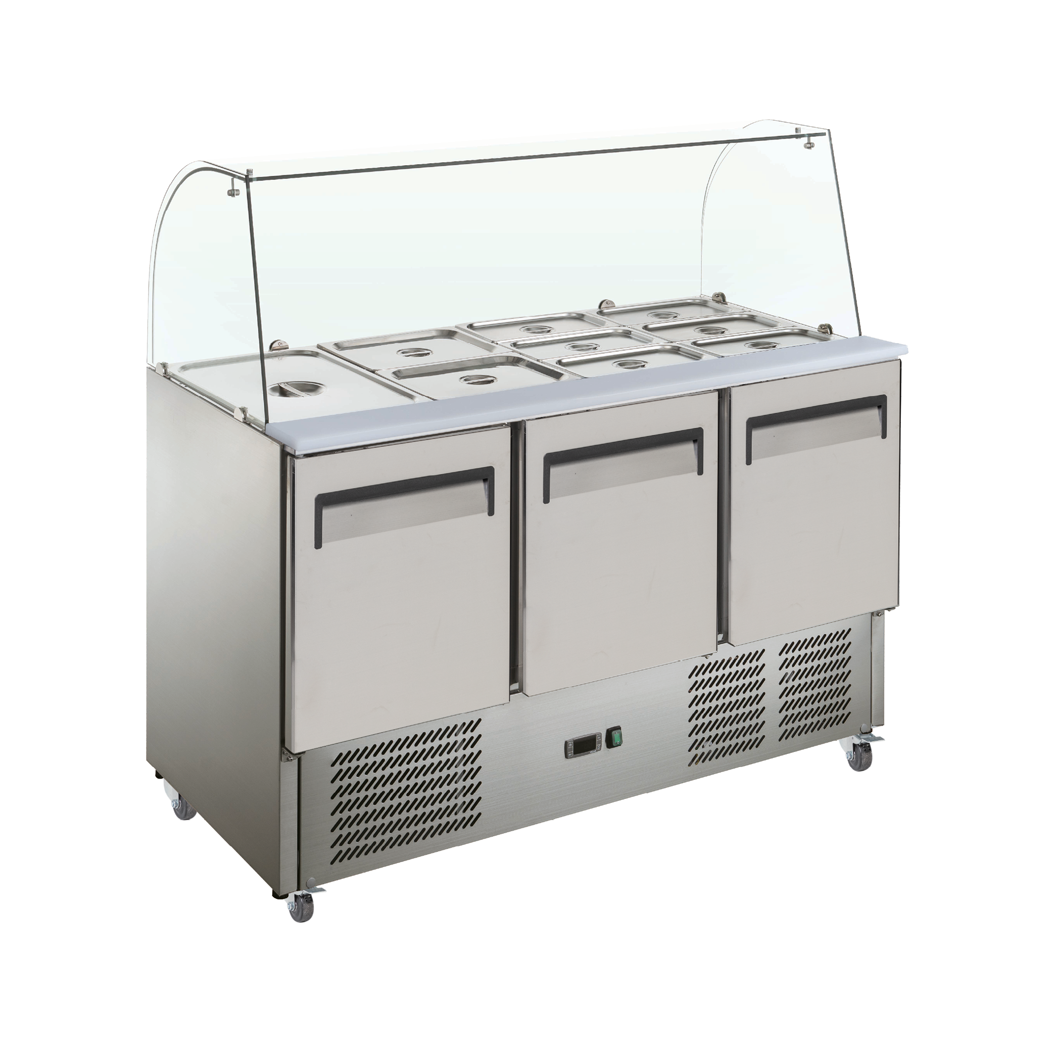 Exquisite Three Door Stainless Steel Top Food Preparation Refrigerators with Glass Canopy (Excluding Pans) - Hospitality Connect