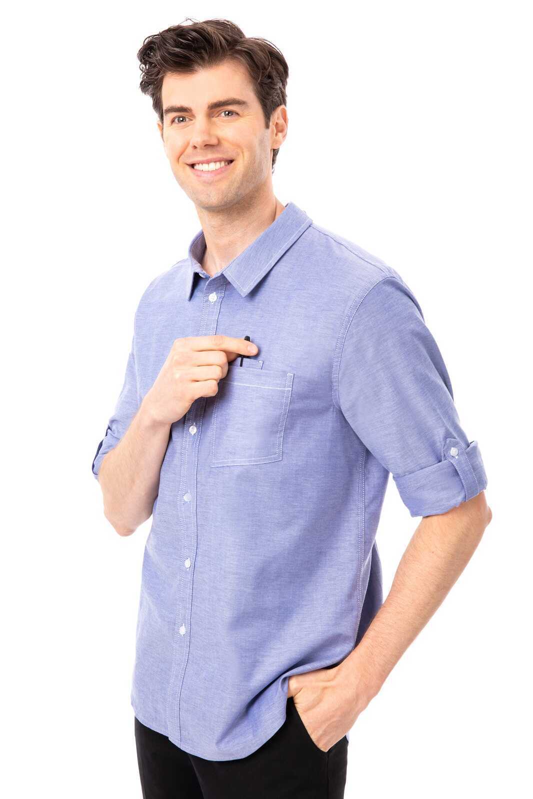 Blue Chef Works Modern Oxford men's classic shirt displayed on a hanger, featuring a button-down collar and long sleeves.