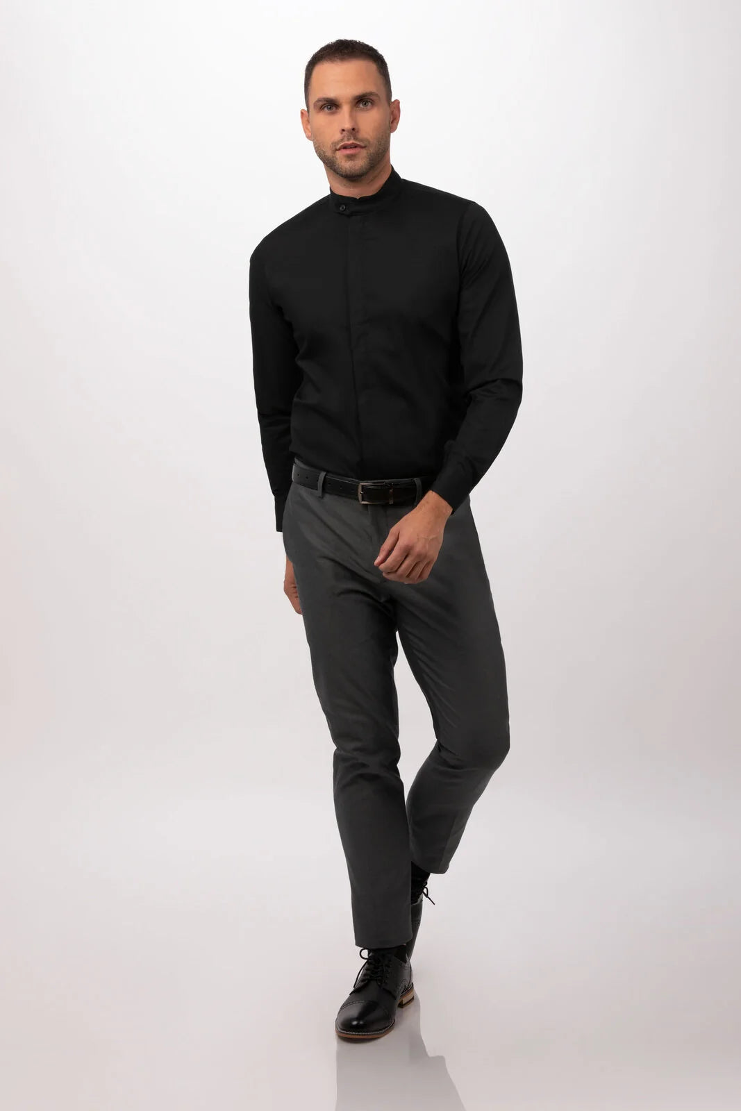 Black Chef Works Formel men's shirt displayed flat, featuring a button-up design and long sleeves, size 2XL.