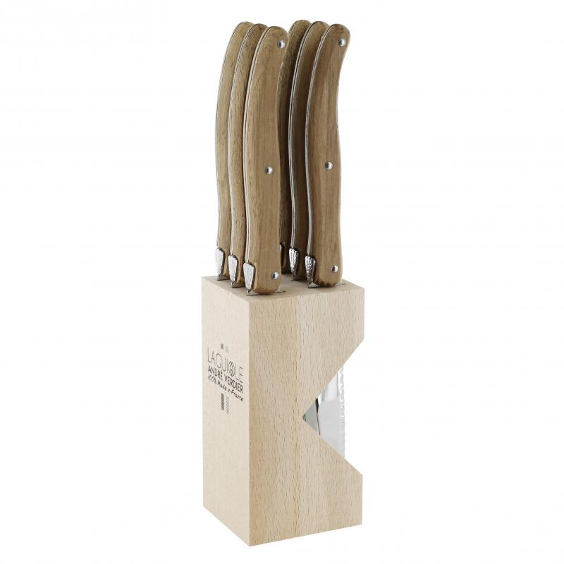 Six-piece Andre Verdier Laguiole steak knife set in a wooden block with colorful handles, designed for precision and style.