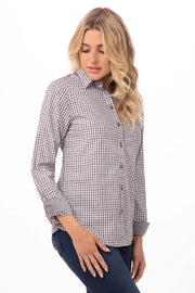 Chef Works Modern Gingham women's long sleeve dress shirt in choice of colors, shown in size 2XL with a button-up front.