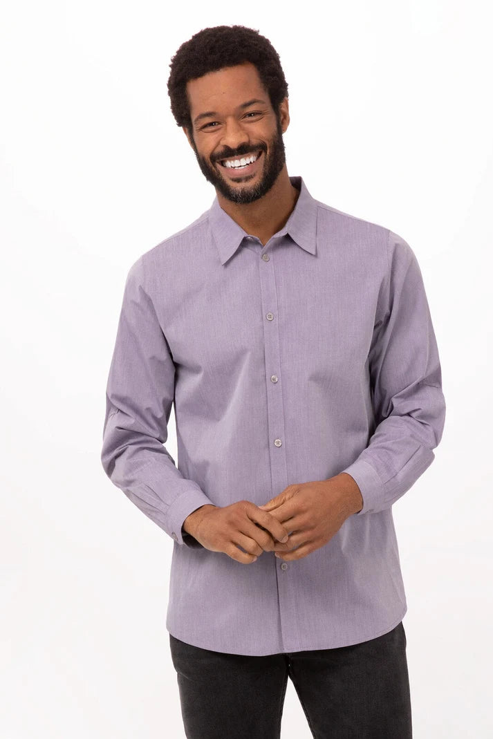 Chef Works Modern Chambray men's dress shirt in size 2XL, featuring a stylish chambray fabric and classic collar design.