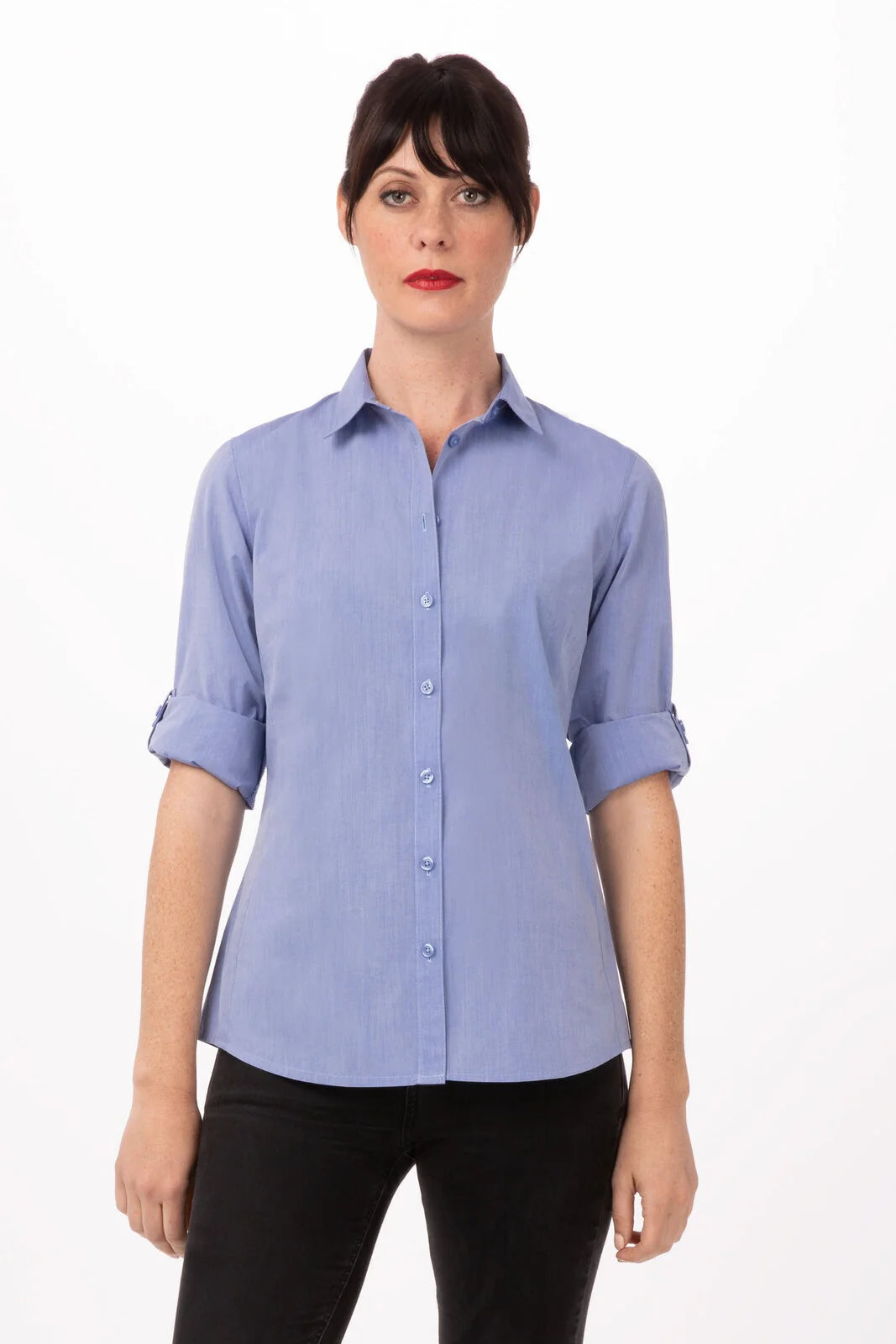 Blue Chef Works Modern Oxford Women's Classic Shirt, 2XL, showing the tailored fit and button-down collar.