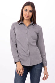 Gray women's chambray dress shirt by Chef Works with a classic collar and button-front, styled for professional or casual wear.