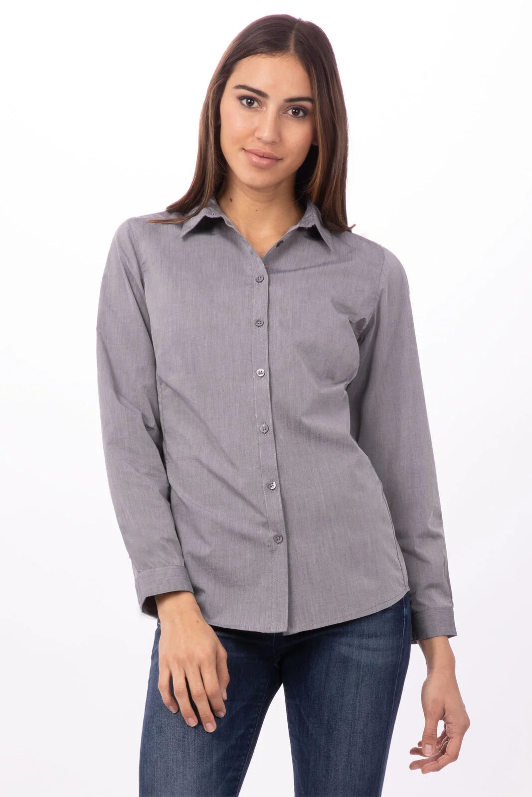 Gray women's chambray dress shirt by Chef Works with a classic collar and button-front, styled for professional or casual wear.