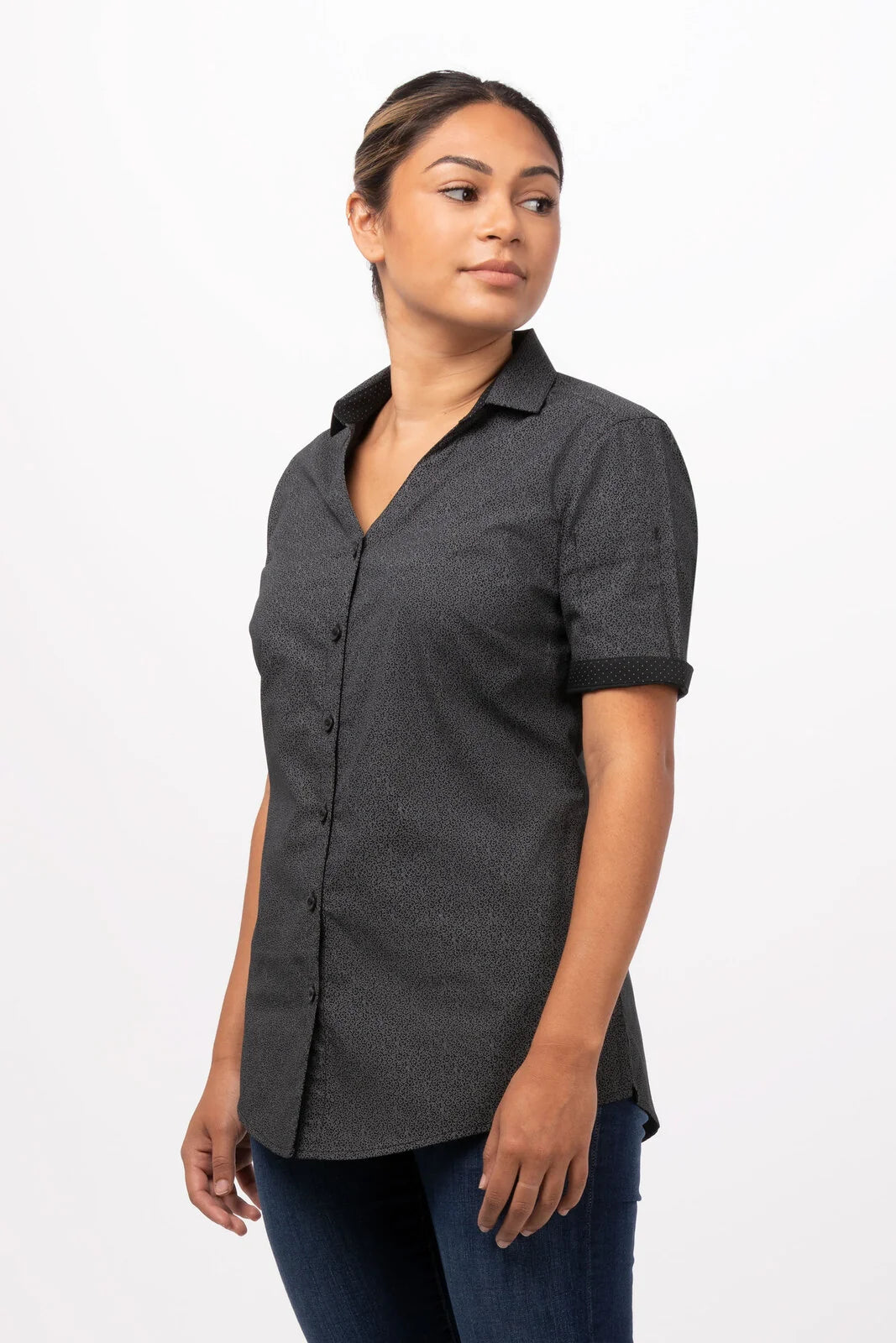 Black Chef Works Charleston women's shirt displayed on a mannequin, featuring a fitted design and short sleeves.