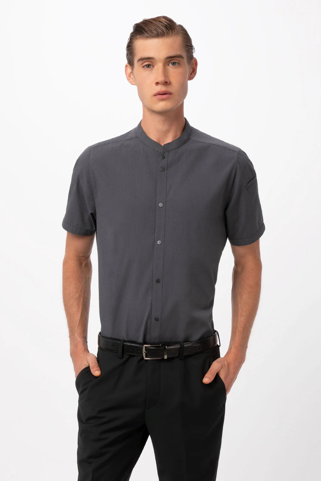 Chef Works Seersucker men's shirt in light blue and white, featuring a classic button-up design and short sleeves.