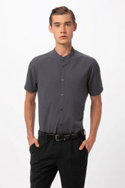 Chef Works Seersucker men's shirt in light blue and white, featuring a classic button-up design and short sleeves.