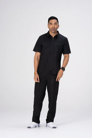 Black Chef Works Cody Zip Work Shirt with front zipper and long sleeves, designed for professional kitchen attire.