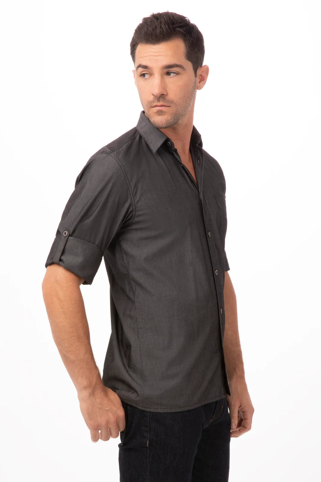 Black Chef Works Detroit men's long sleeve denim shirt with button-up front and collar, displayed on a mannequin.