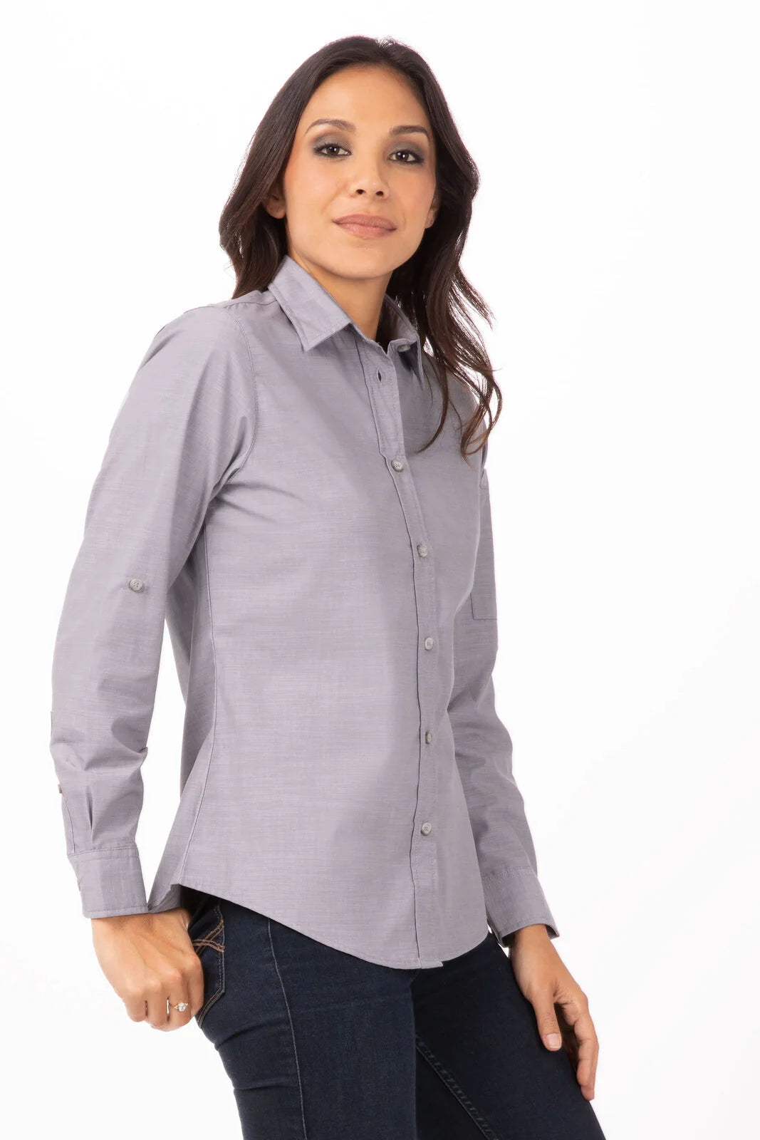 Gray women's chambray shirt by Chef Works, featuring a tailored fit and button-front design.