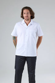 Chef Works men's utility cook shirt, lightweight and durable, with short sleeves and a collar, designed for professional kitchens.