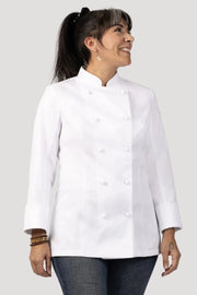 Chef Works Siena women's chef jacket with a professional white design and button-front closure, ideal for culinary professionals.