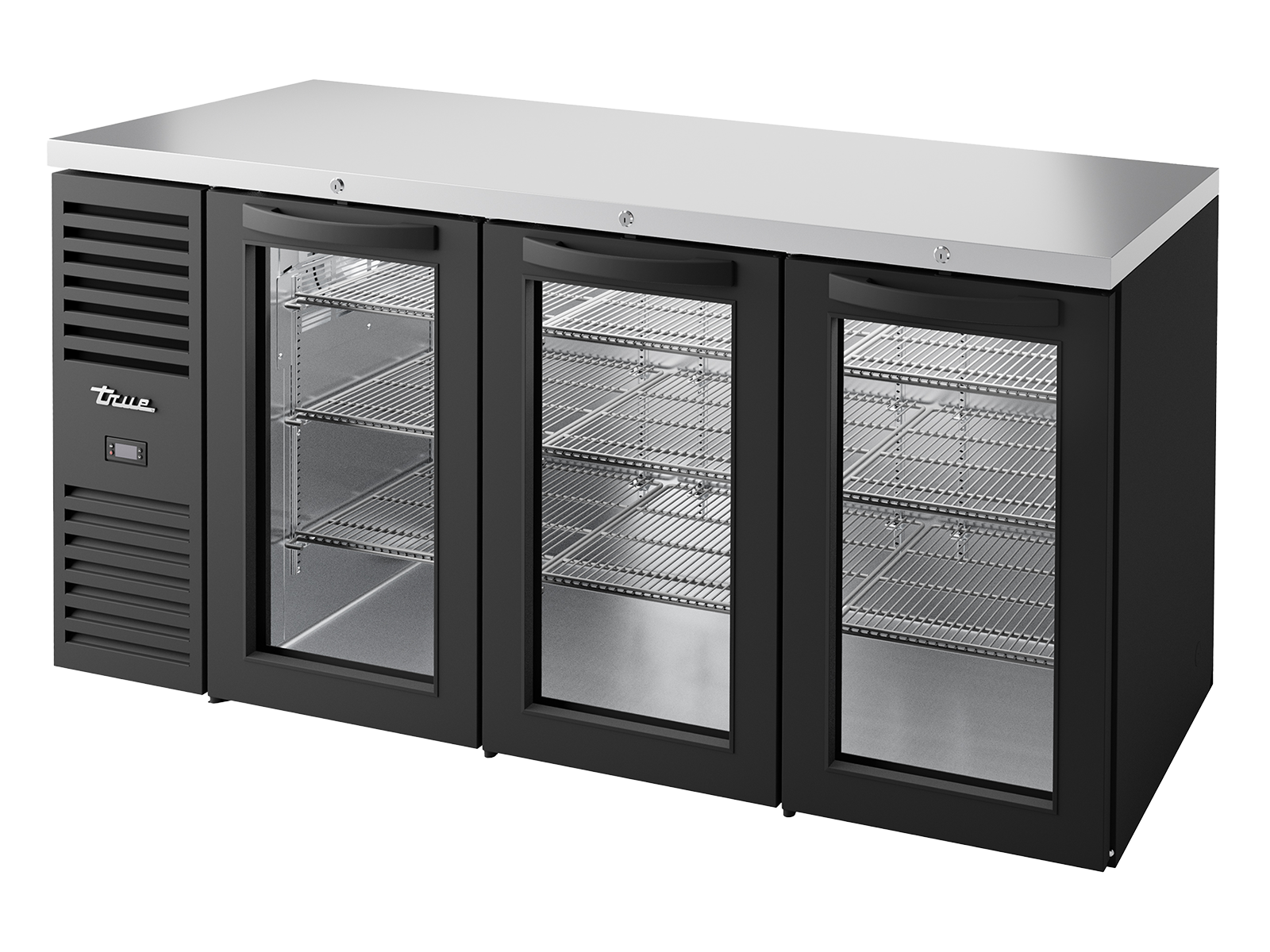 TRUE Bar Refrigerator, Black Ext, 3 Glass Slide Doors TBR72-RISZ1-L-B-111-2 - Hospitality Connect