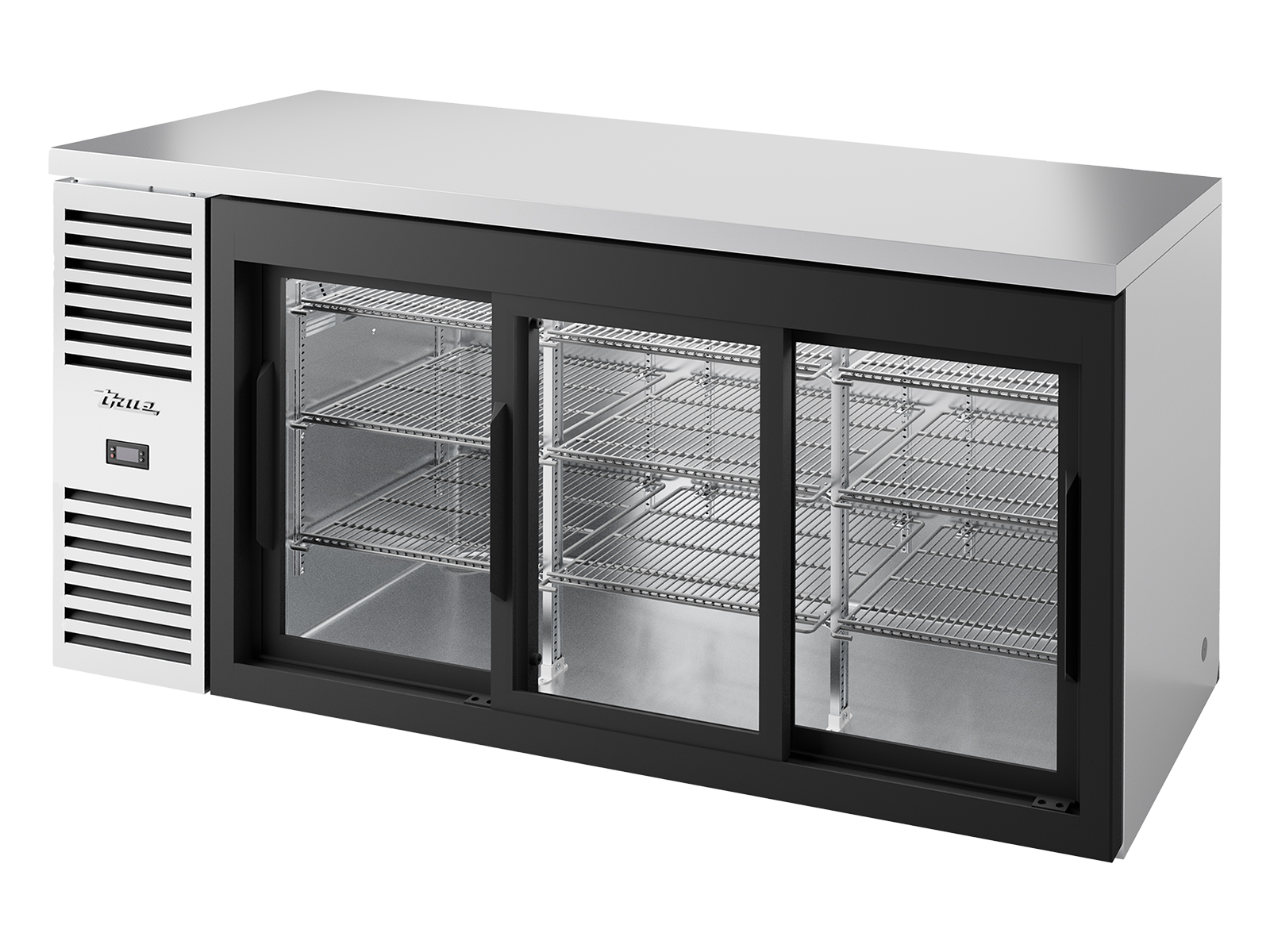 TRUE Bar Refrigerator, Stainless Steel Ext, 3 Glass Slide Doors TBR72-RISZ1-L-S-111-2 - Hospitality Connect