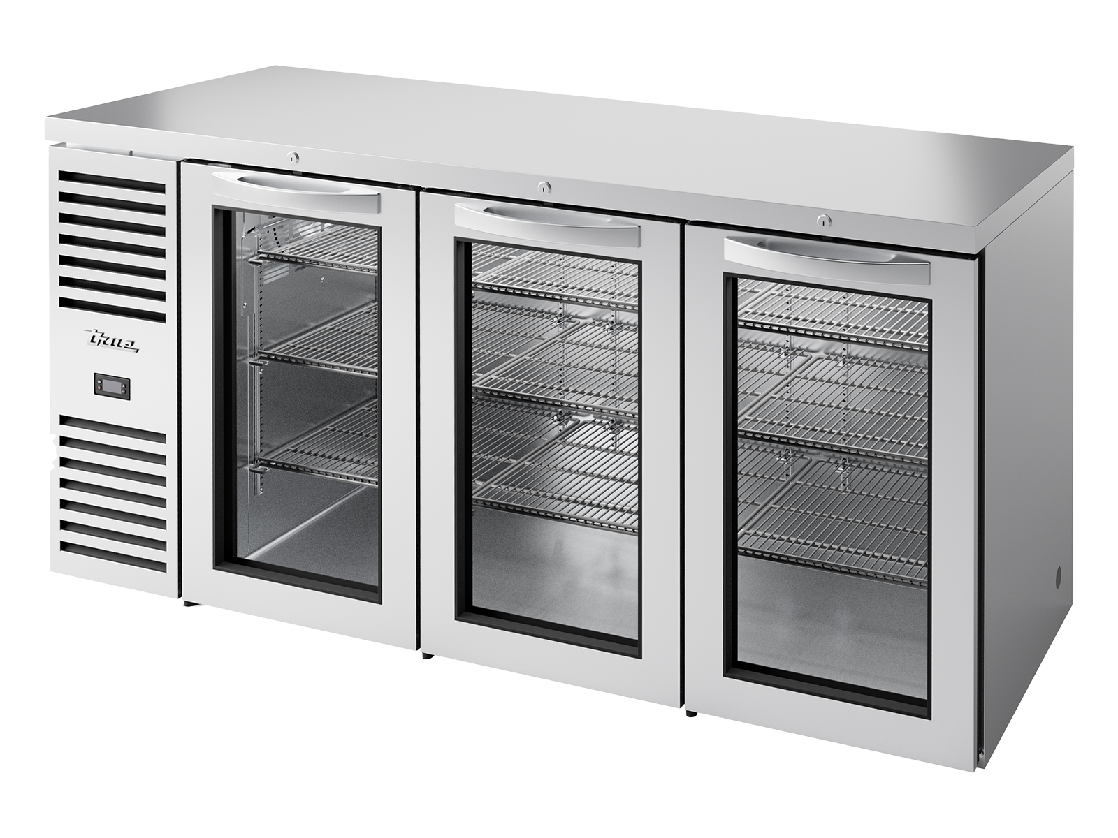 TRUE Bar Refrigerator, Stainless Steel Ext, 3 Glass Swing Doors TBR72-RISZ1-L-S-GGG-2 - Hospitality Connect