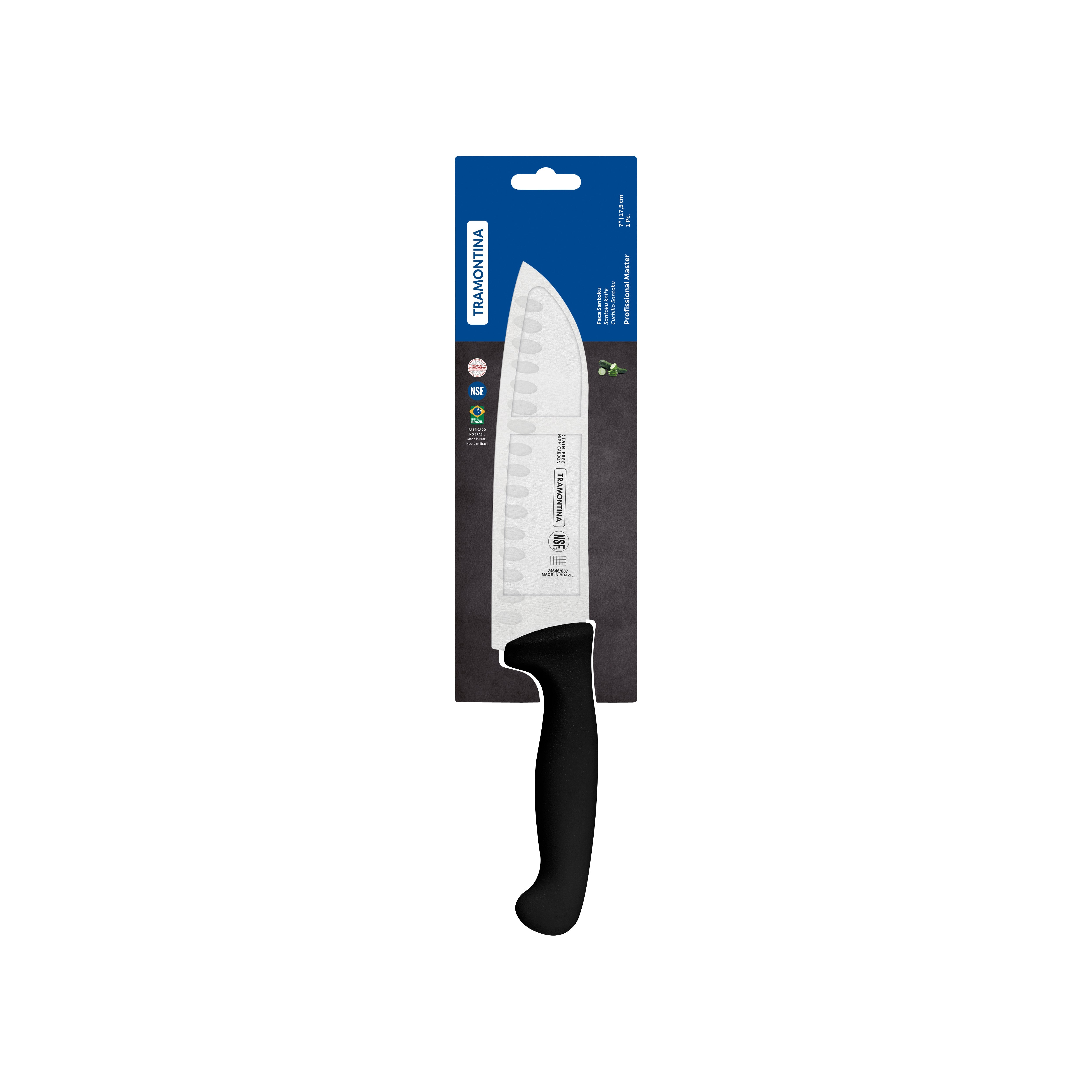 TRAMONTINA PROF SANTOKU KNIFE FLUTED 170mm BLK H/S - Hospitality Connect