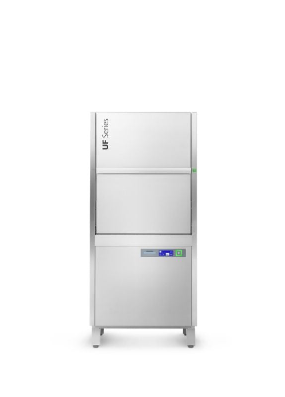 Winterhalter UF-M utensil washer shown from the front, featuring its compact design and control panel for efficient dishwashing.