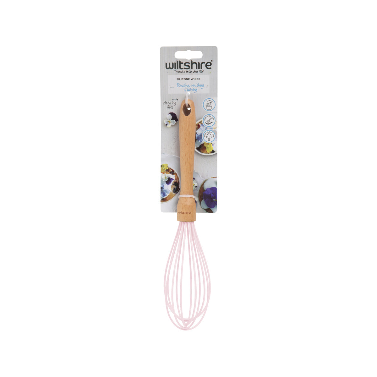 WILTSHIRE SILICONE HEAD WHISK-PINK w/BEECHWOOD HANDLE - Hospitality Connect
