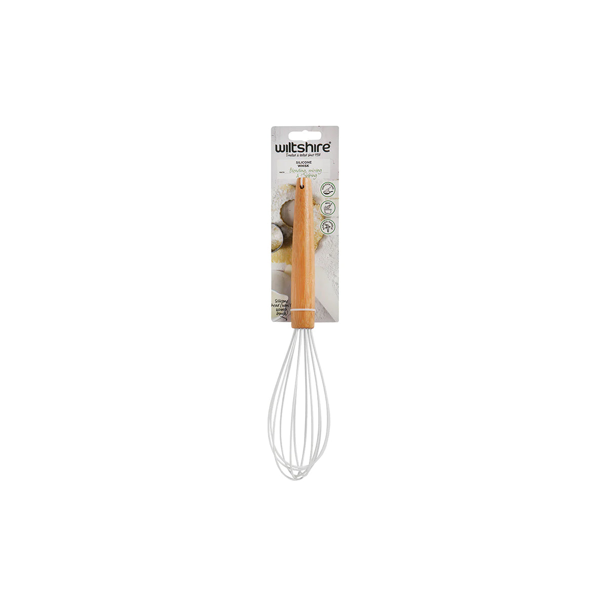 WILTSHIRE SILICONE HEAD WHISK-WHITE w/BAMBOO HANDLE N/STICK - Hospitality Connect