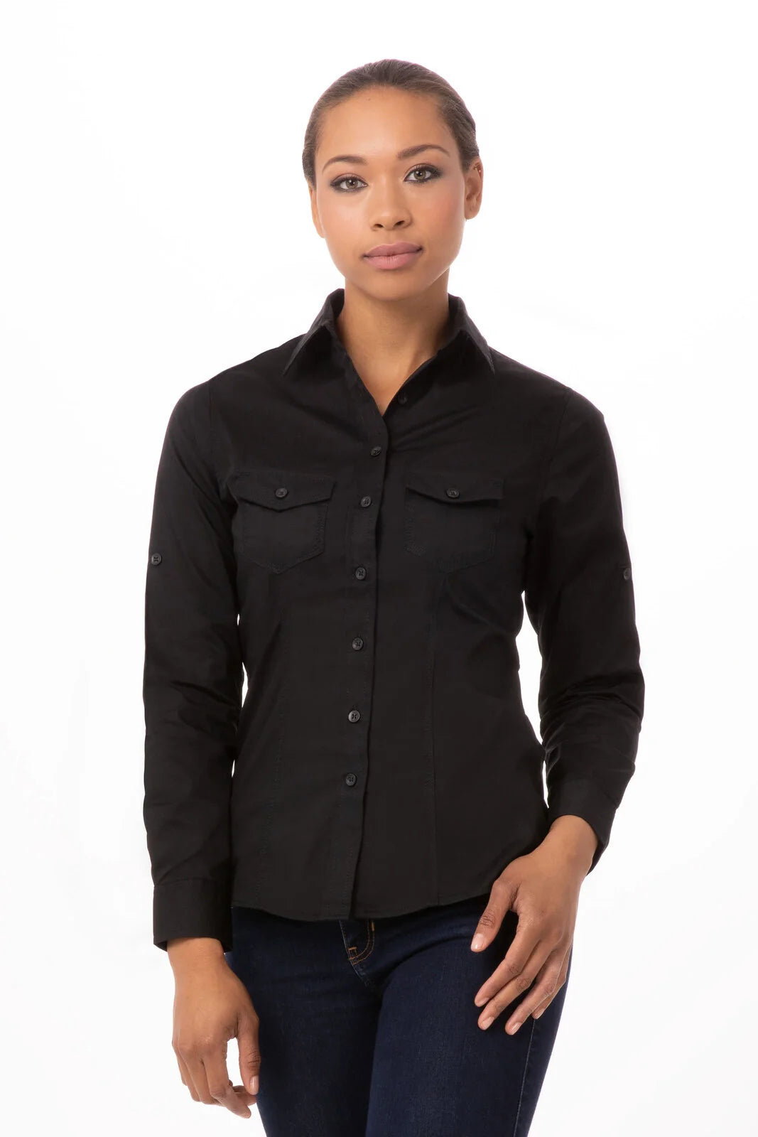 Women's black Chef Works Pilot shirt, 2XL size, featuring a professional chef's uniform with front buttons and a collar.